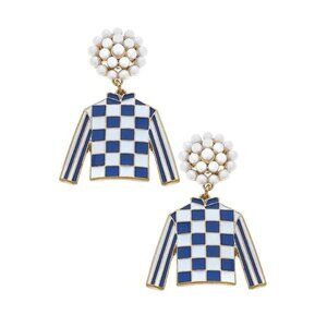 Blue Jockey Silk Enamel Drop Earrings in Blue & White